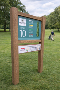 Brampton Heath GC light isitwood twin posted tee sign with sponsor panel