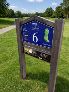 Three Rivers dark isitwood peaked top twin posted tee sign with sponsor panel