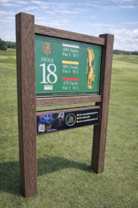 Tinsley Park GC dark isitwood twin posted tee sign with sponsor panel