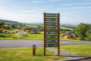 A large directional sign constructed of light isitwood with 8 panels overlooking a holiday park with wooden lodges - The Mole Resort