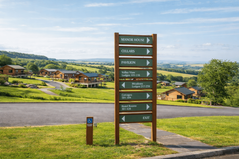 A large directional sign constructed of light isitwood with 8 panels overlooking a holiday park with wooden lodges - The Mole Resort