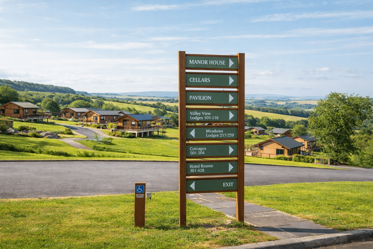 A large directional sign constructed of light isitwood with 8 panels overlooking a holiday park with wooden lodges - The Mole Resort
