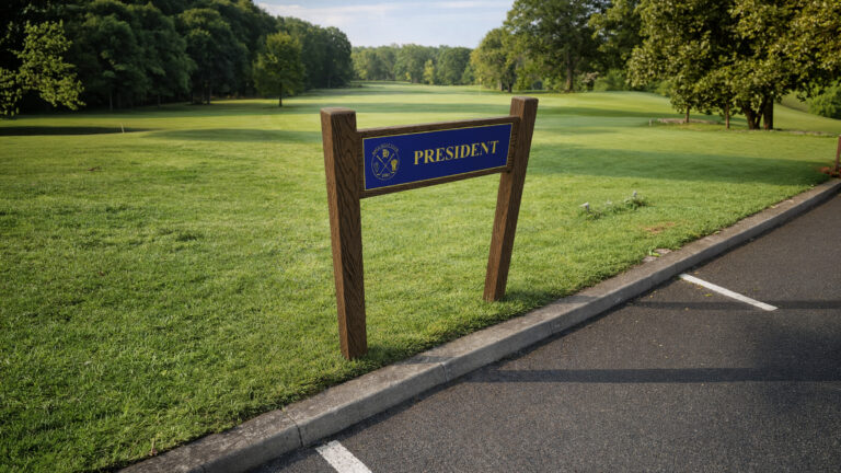 A dark wood effect twin posted car park sign at edge of a golf green with the word President on it