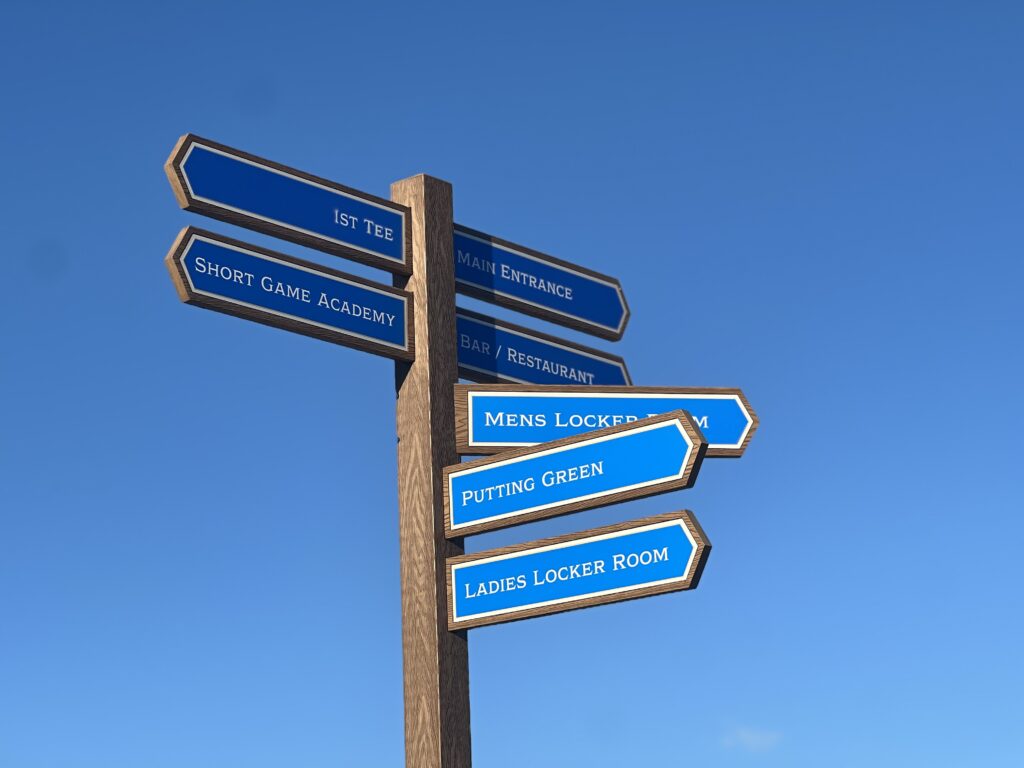 Blue branded isitwood finger post